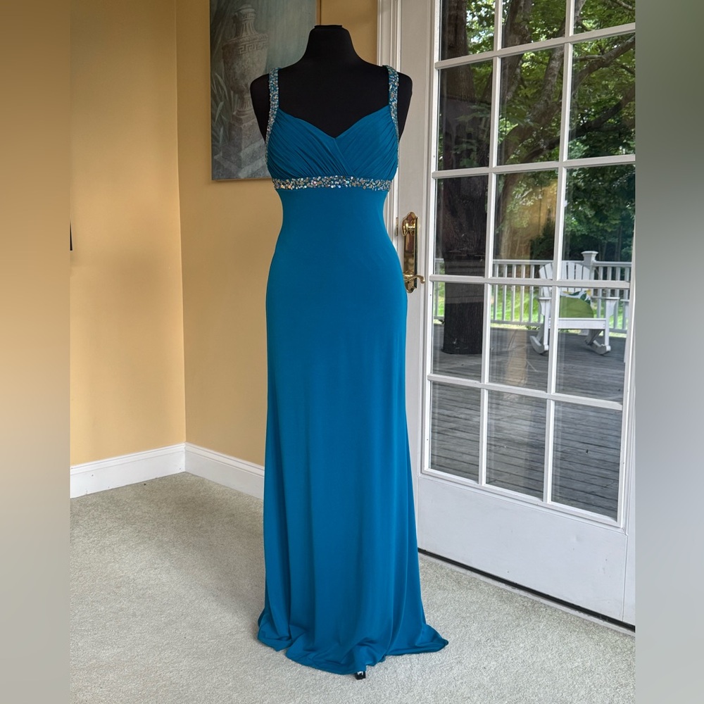 Hailey Logan by Adrianna Papell Teal Sequin Empire Waist Open Back Gown 7/8